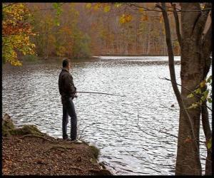 пазл Рыбалка - рыбака в реку действий в лесной пейзаж